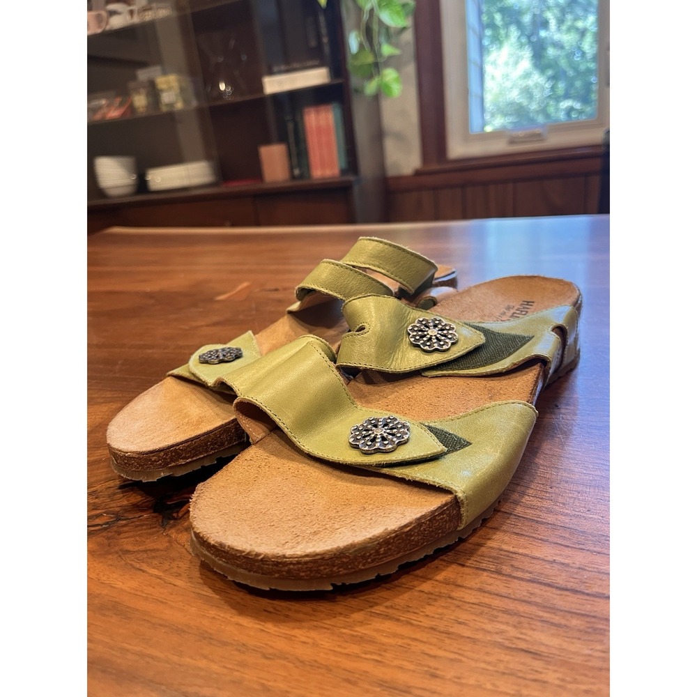 Haflinger Pansy Green Leather 2 Strap Sandals Slide Womens Sz 40 EU